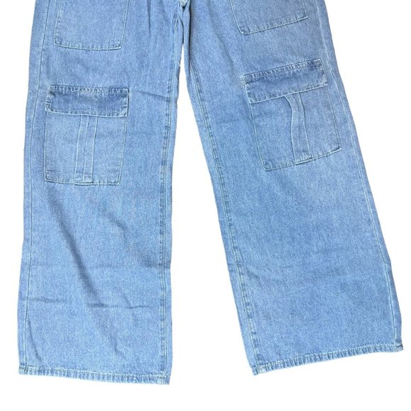 Womens Cargo Jeans Size XL Blue Wide Leg High Rise Multiple Pockets - Picture 14 of 15